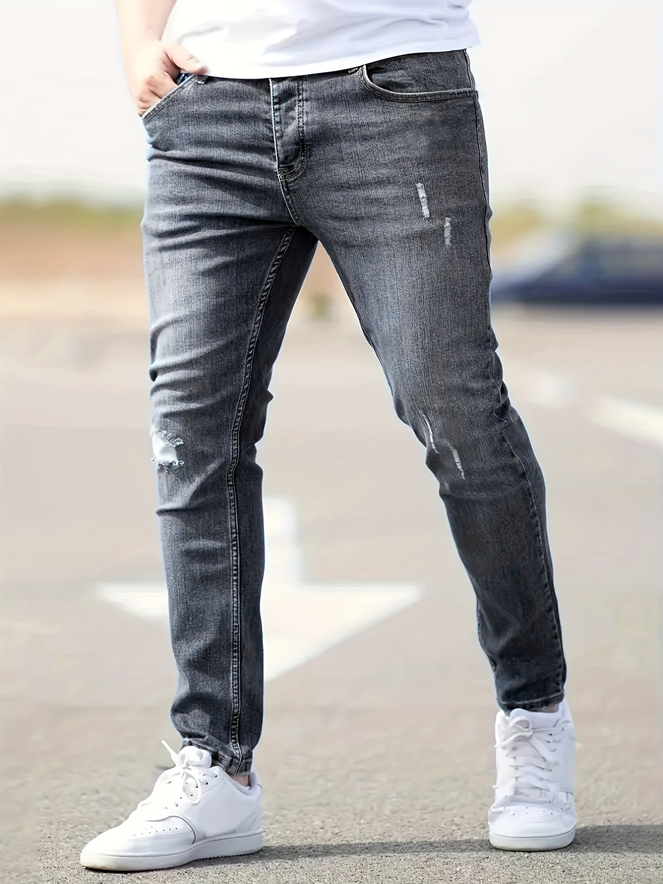 ripped design cotton slim fit jeans mens casual street style leg mid stretch denim pants for spring summer details 8