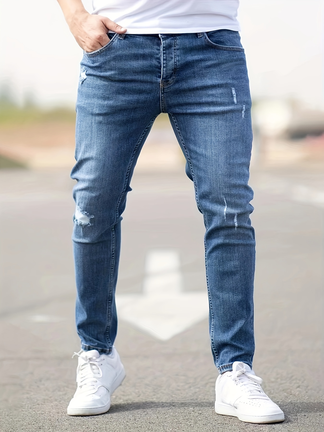 ripped design cotton slim fit jeans mens casual street style leg mid stretch denim pants for spring summer details 16