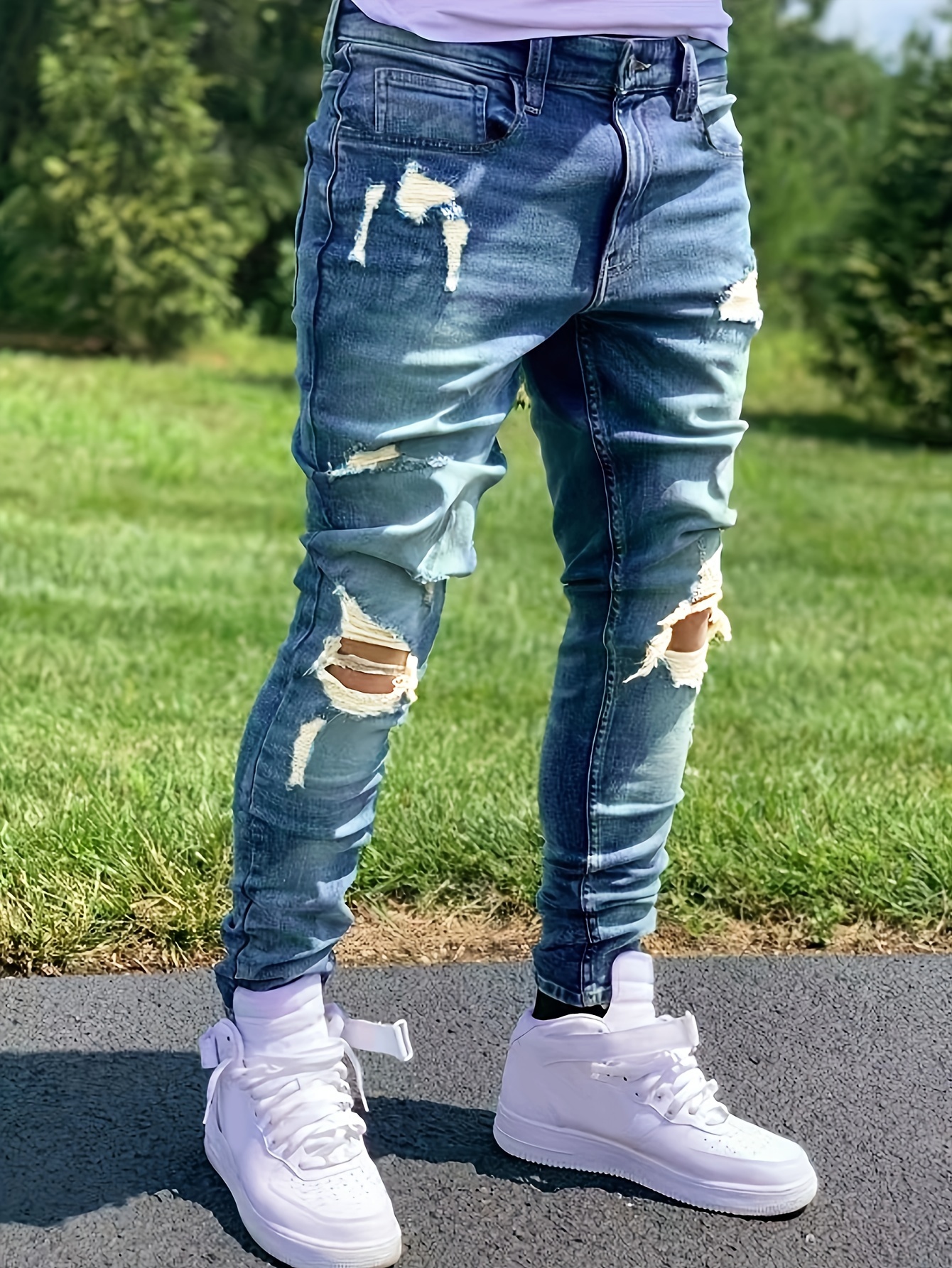 chic ripped slim fit jeans mens casual street style stretch jeans details 6