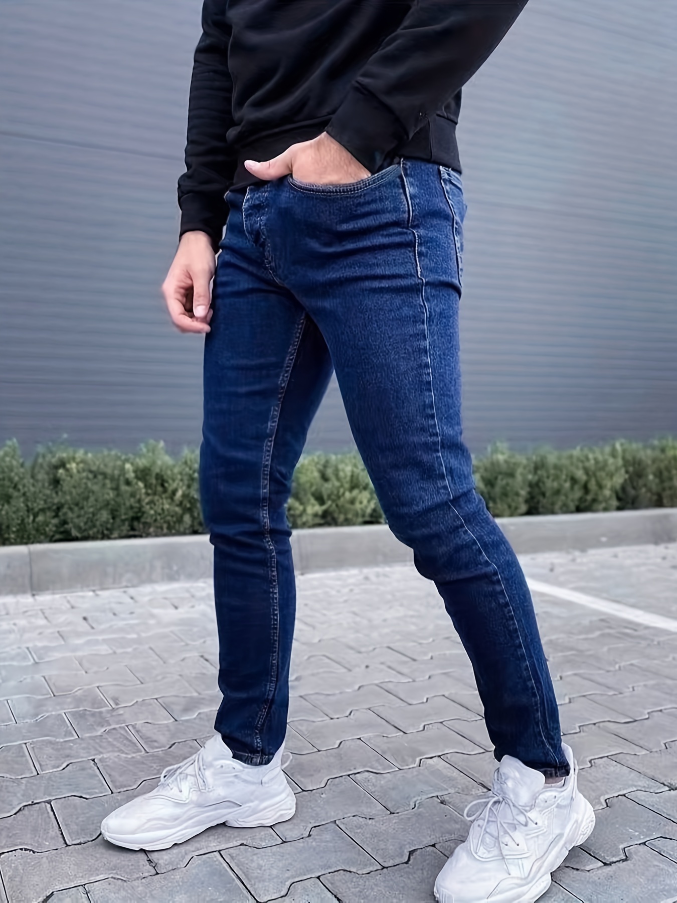 slim fit straight leg cotton jeans, slim fit straight leg cotton jeans mens casual street style solid color slightly stretch denim pants for spring summer details 13