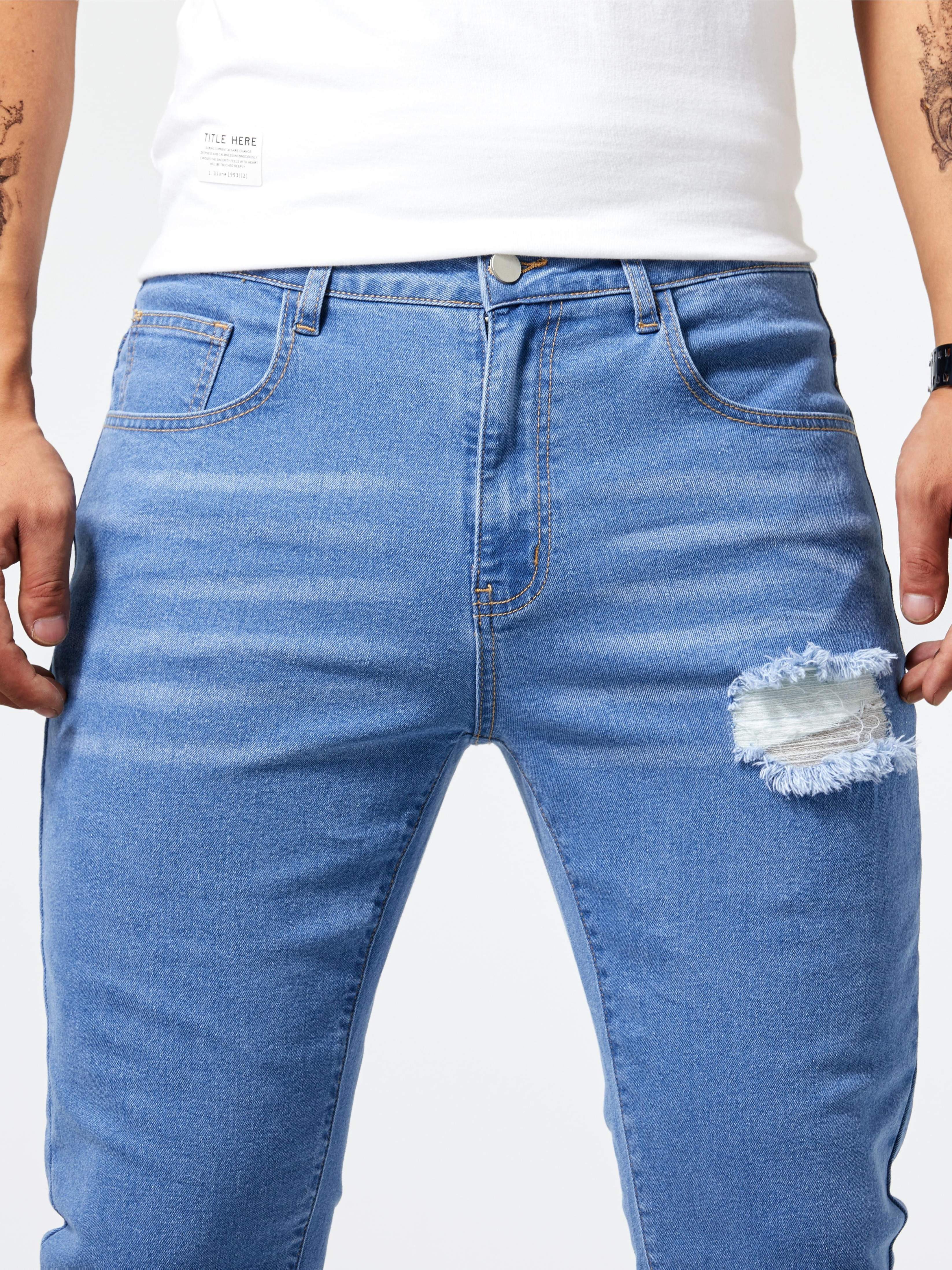 mens casual light blue ripped denim jeans details 8