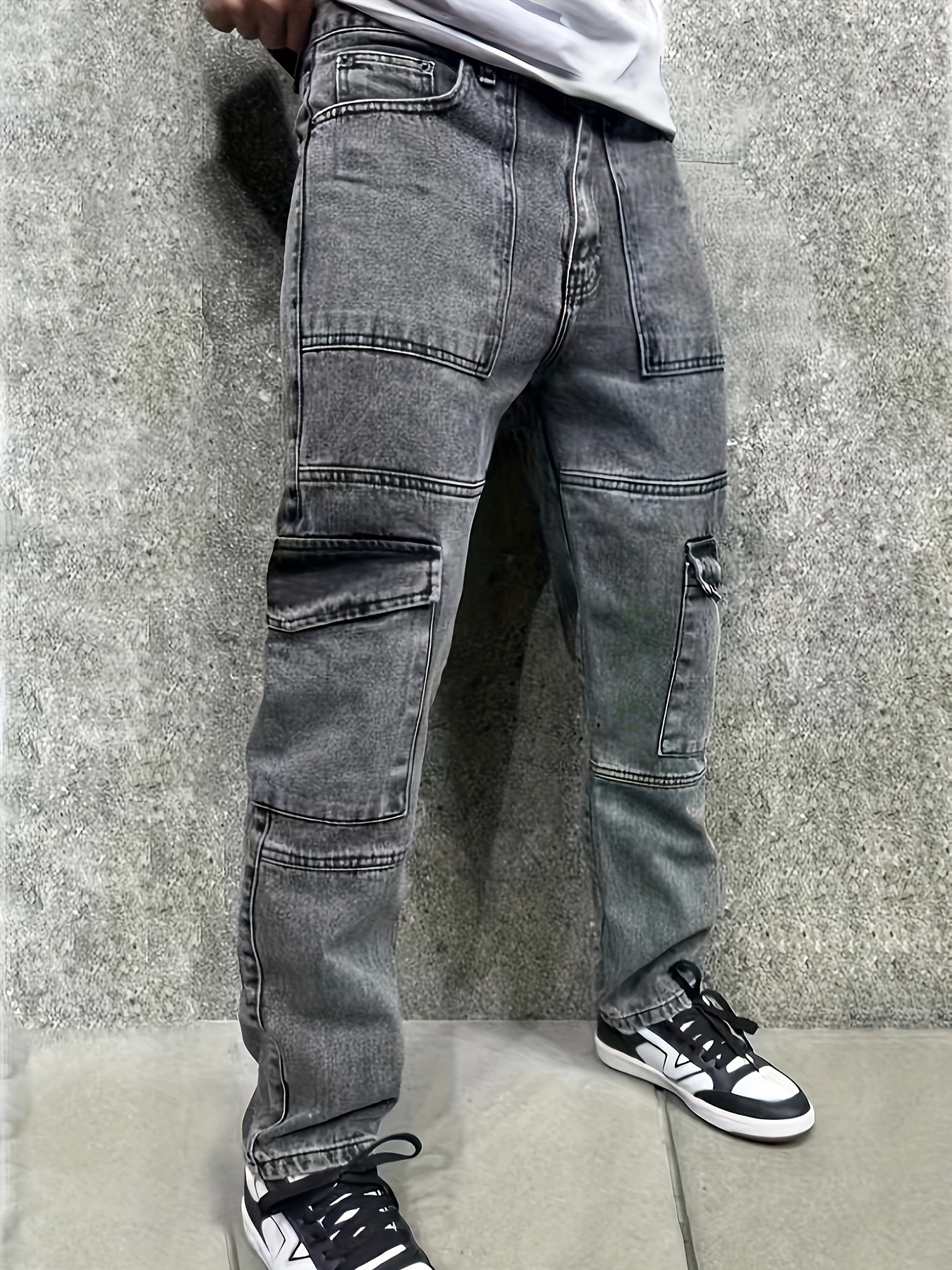 mens casual multi pocket jeans chic street style regular jeans details 6