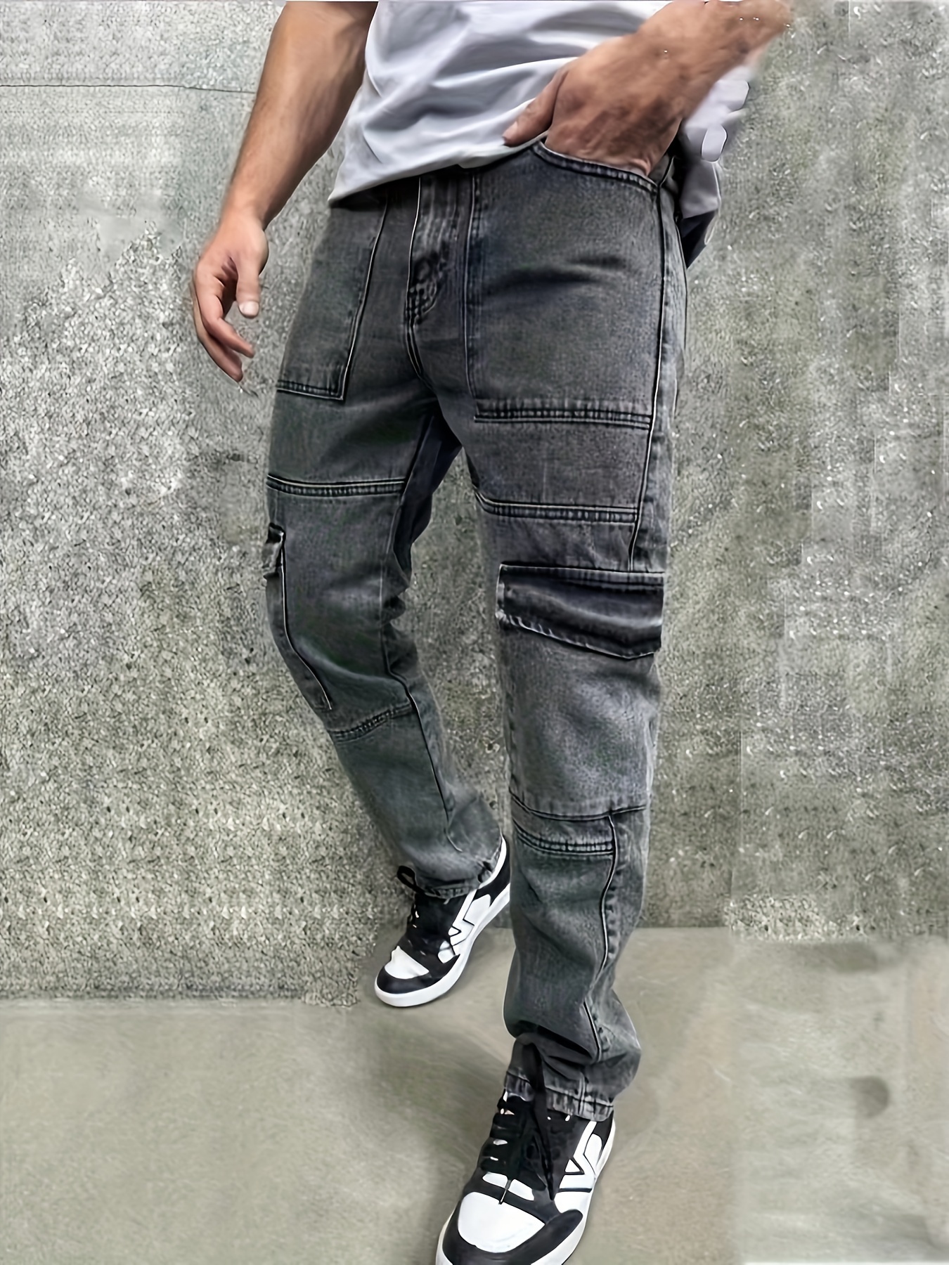 mens casual multi pocket jeans chic street style regular jeans details 7