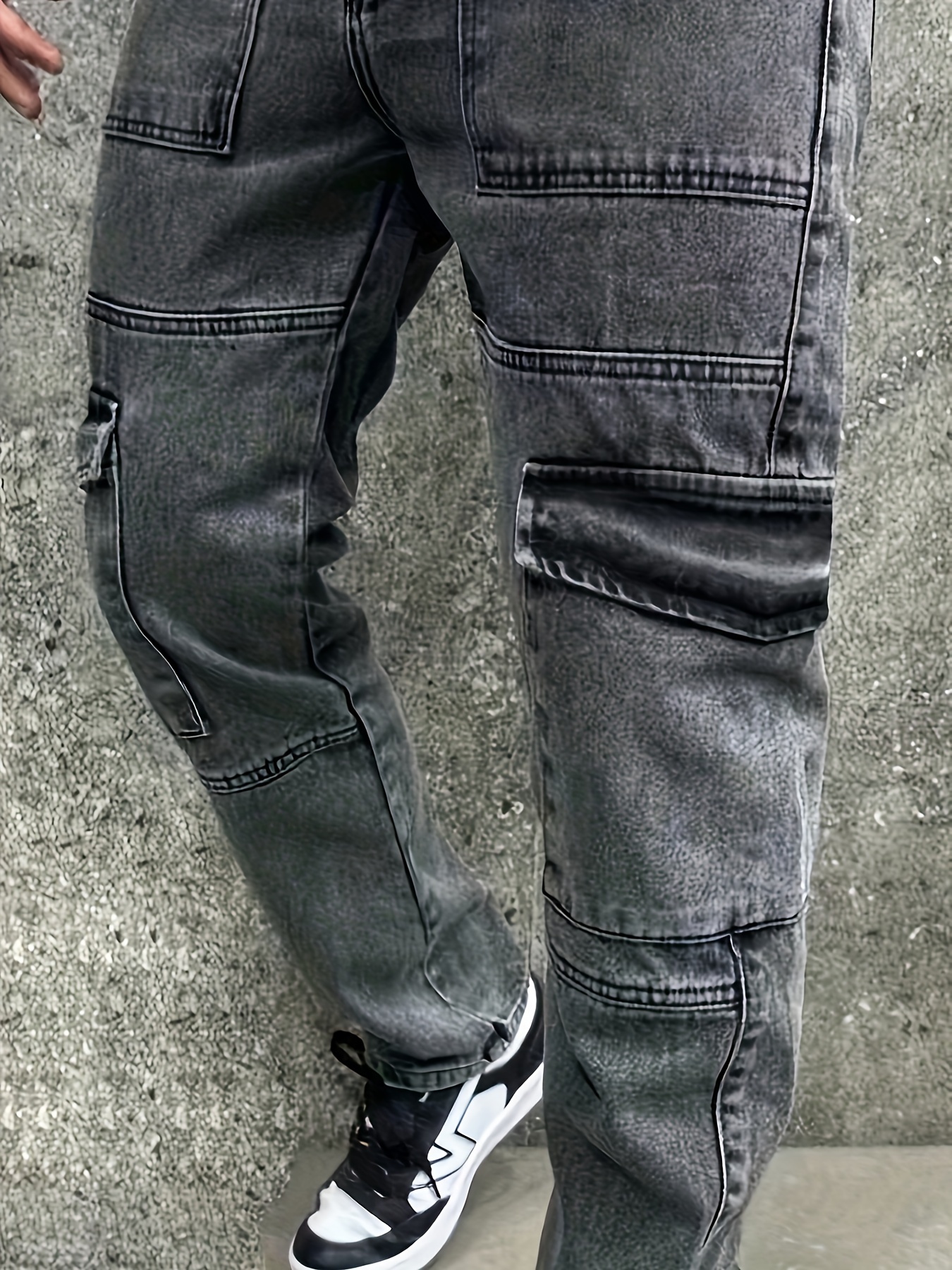 mens casual multi pocket jeans chic street style regular jeans details 8