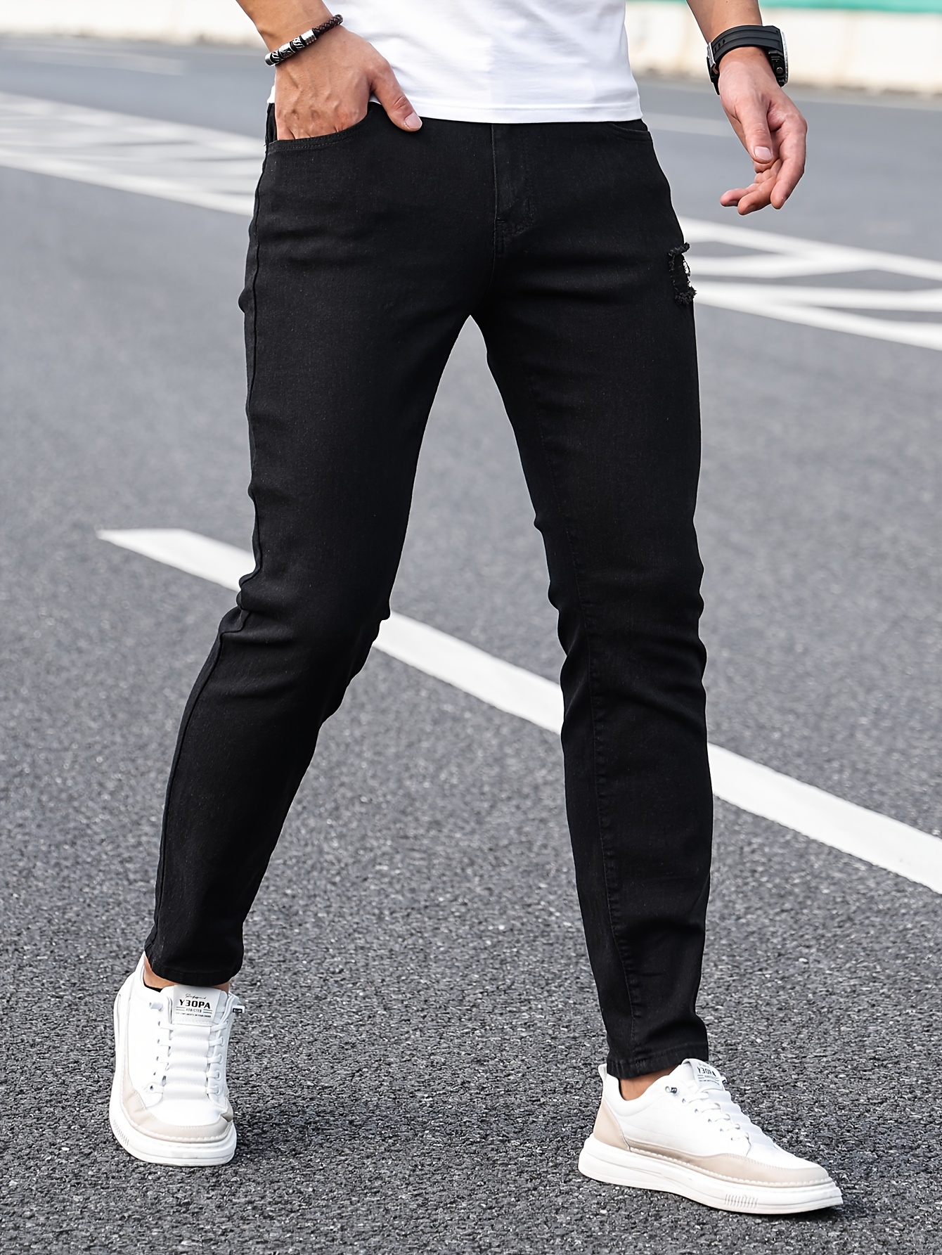 slim fit ripped jeans mens casual high stretch street style denim pants details 15