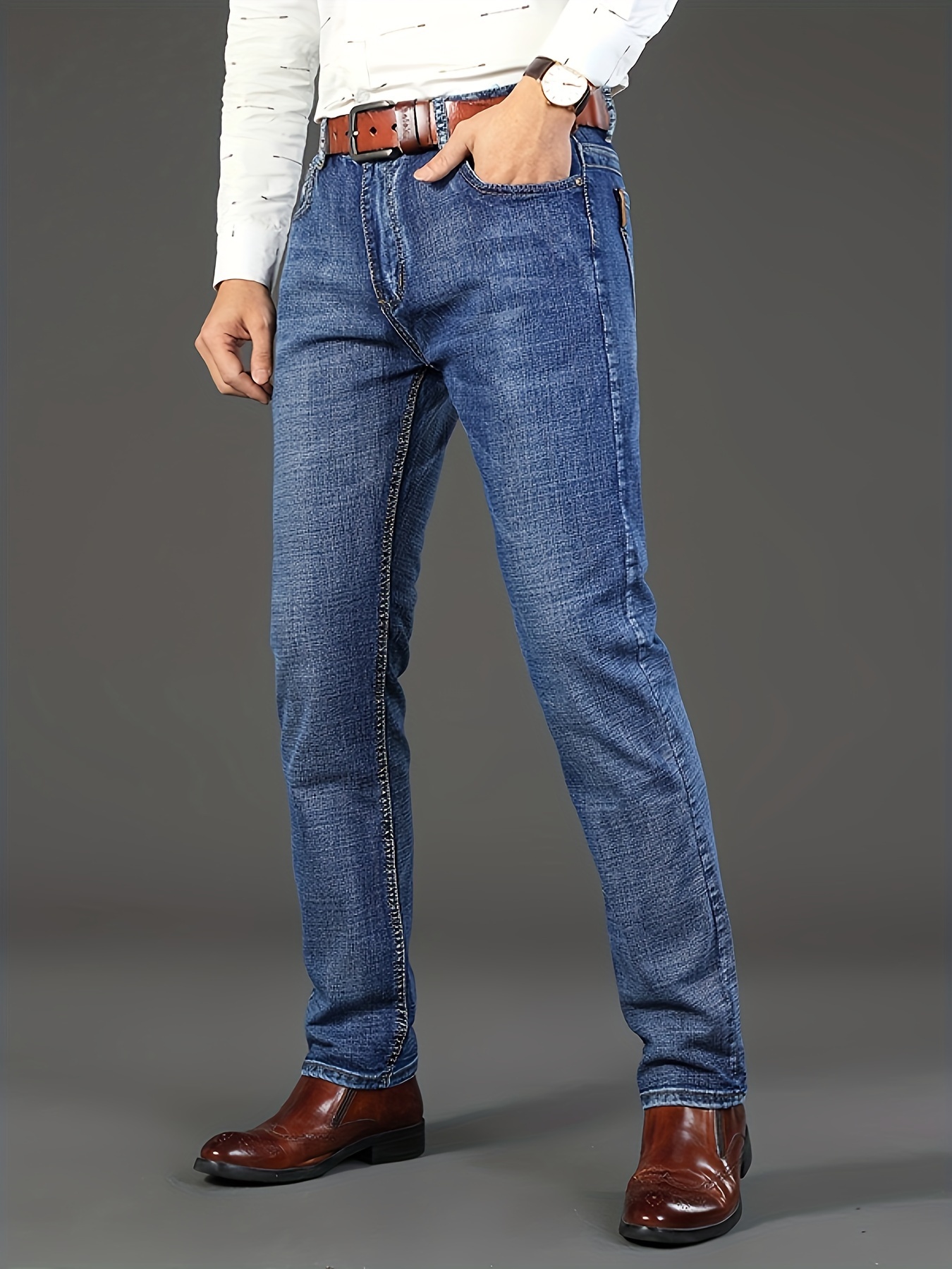 Men's Classic Design Jeans, Semi-formal Stretch Jeans For Business ...