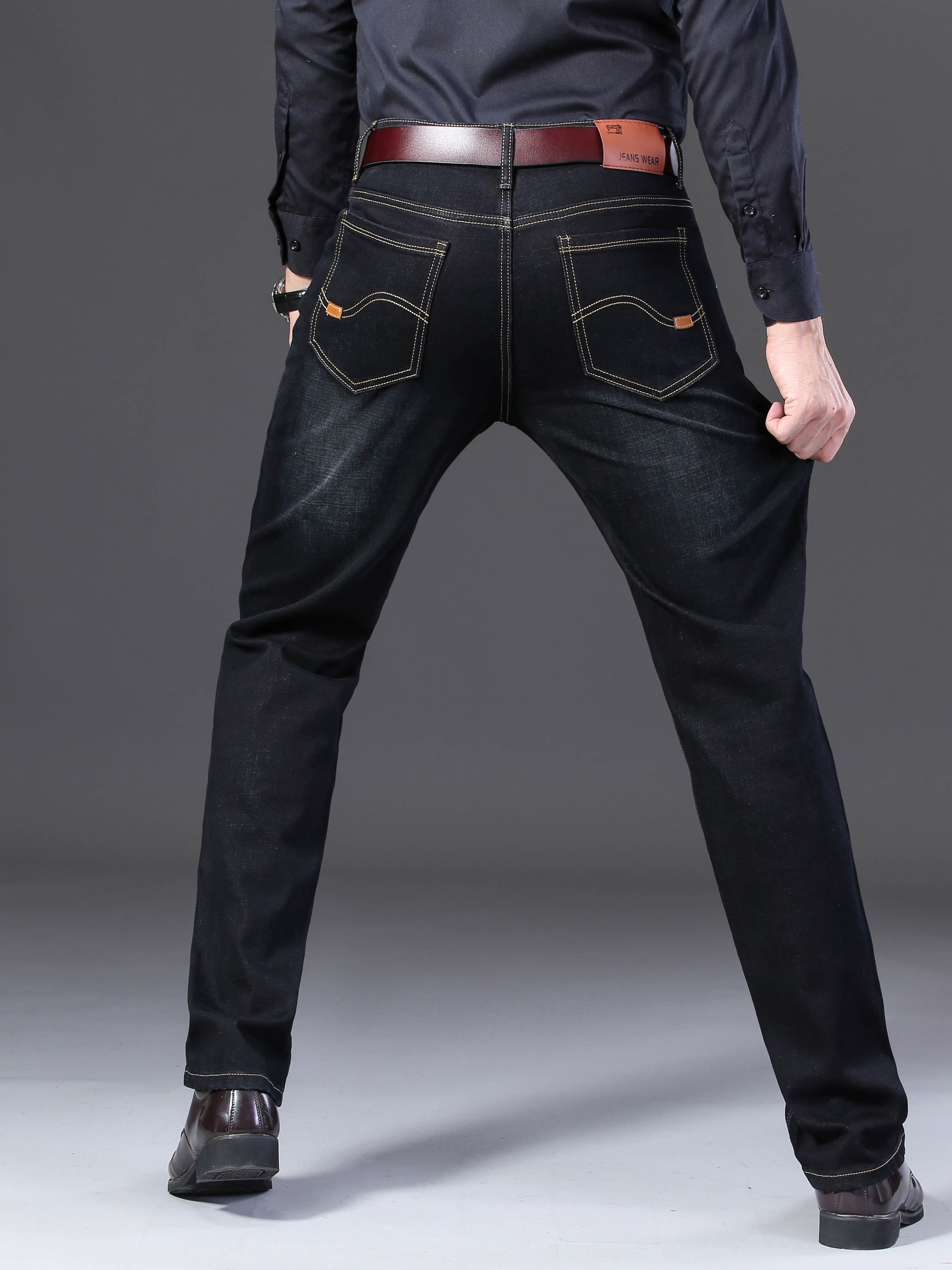 mens straight leg slim stretch retro jeans mid waist basic zipper wash denim pants details 1