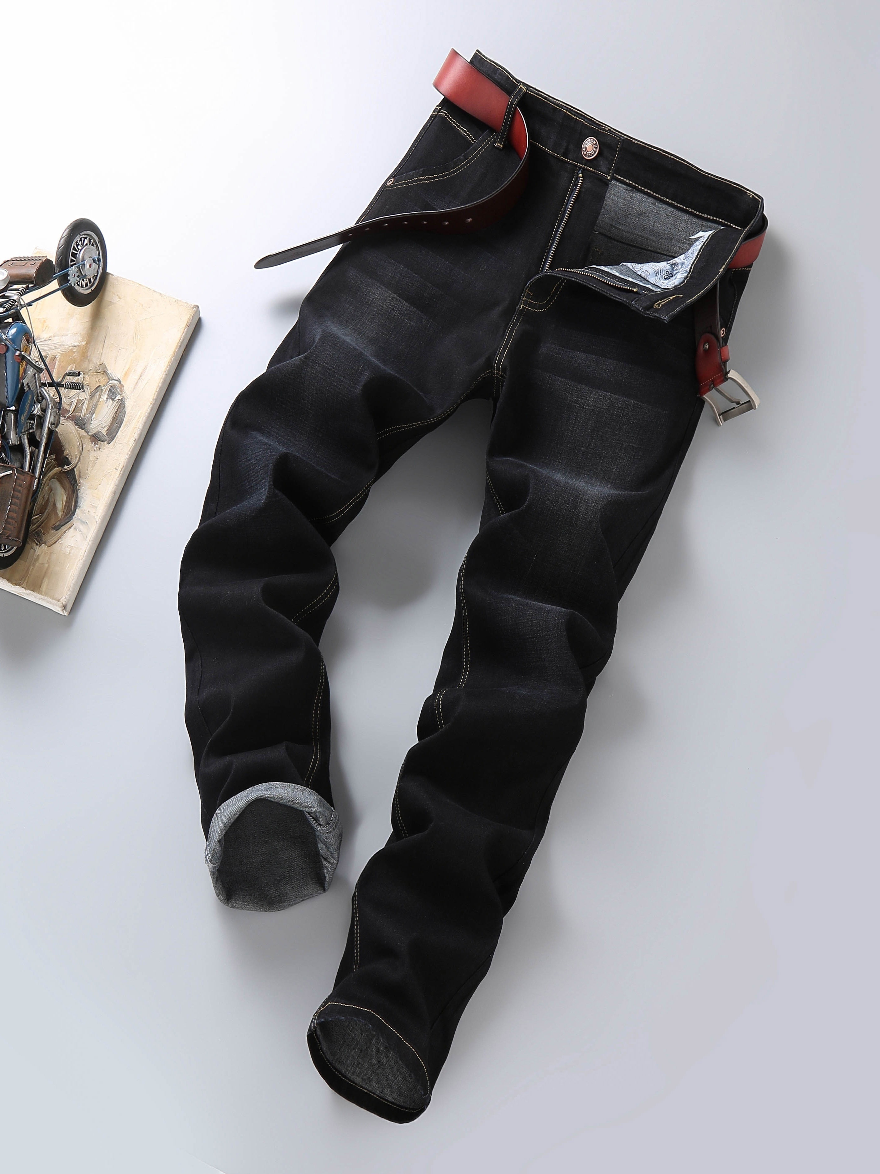 mens straight leg slim stretch retro jeans mid waist basic zipper wash denim pants details 2