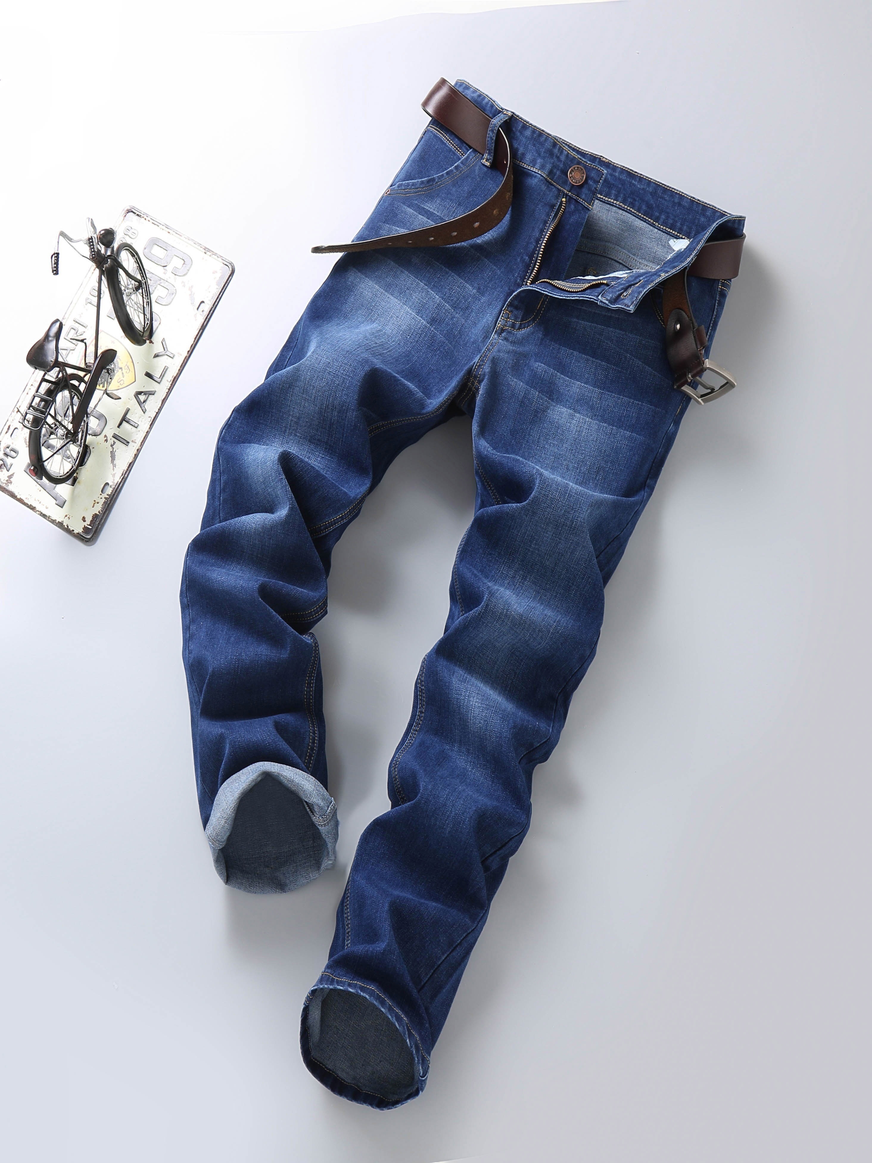 mens straight leg slim stretch retro jeans mid waist basic zipper wash denim pants details 7