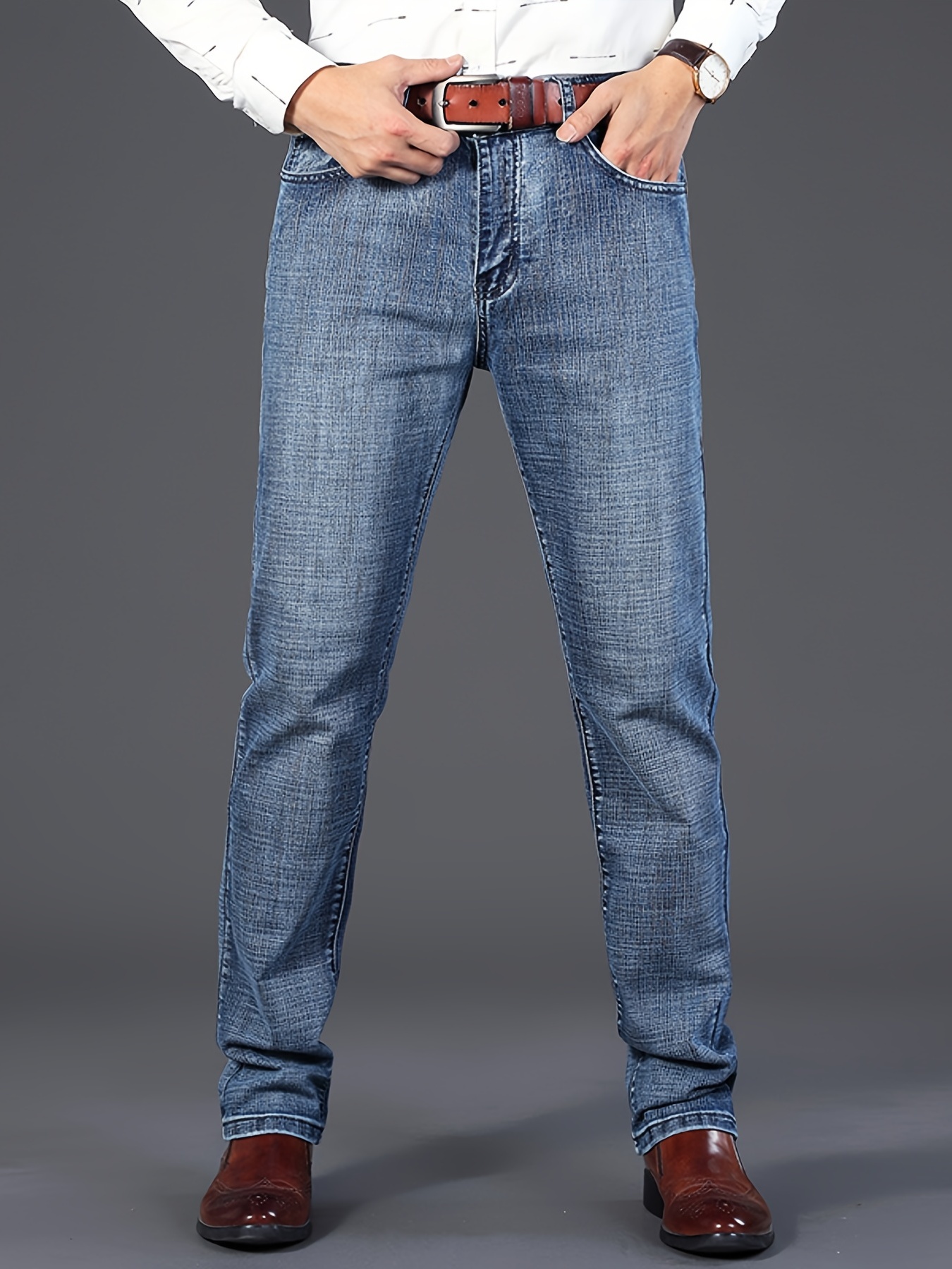 mens high quality straight leg jeans for business semi formal stretch denim pants details 0