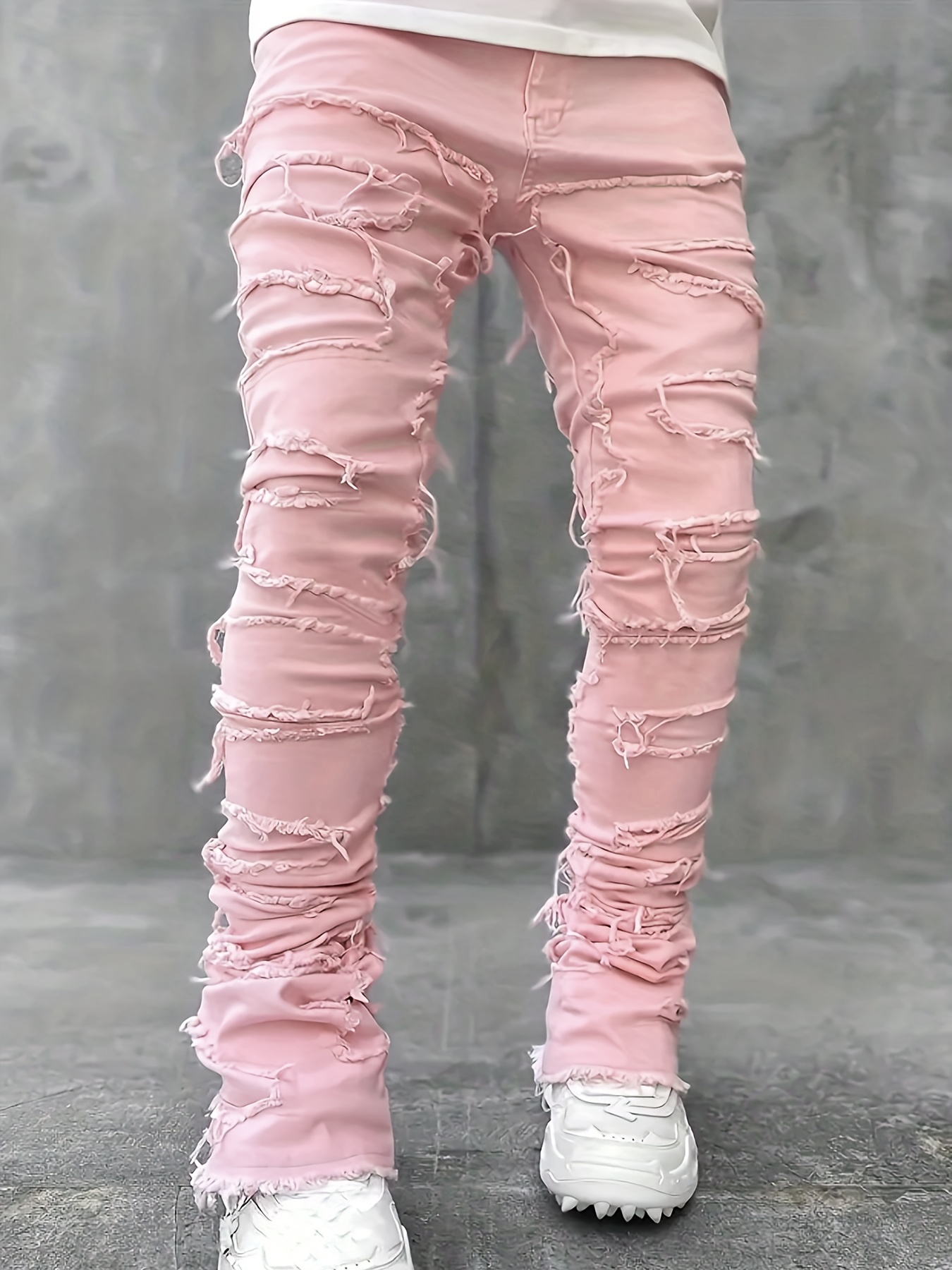 creative raw trim jeans mens casual street style medium stretch denim pants details 0