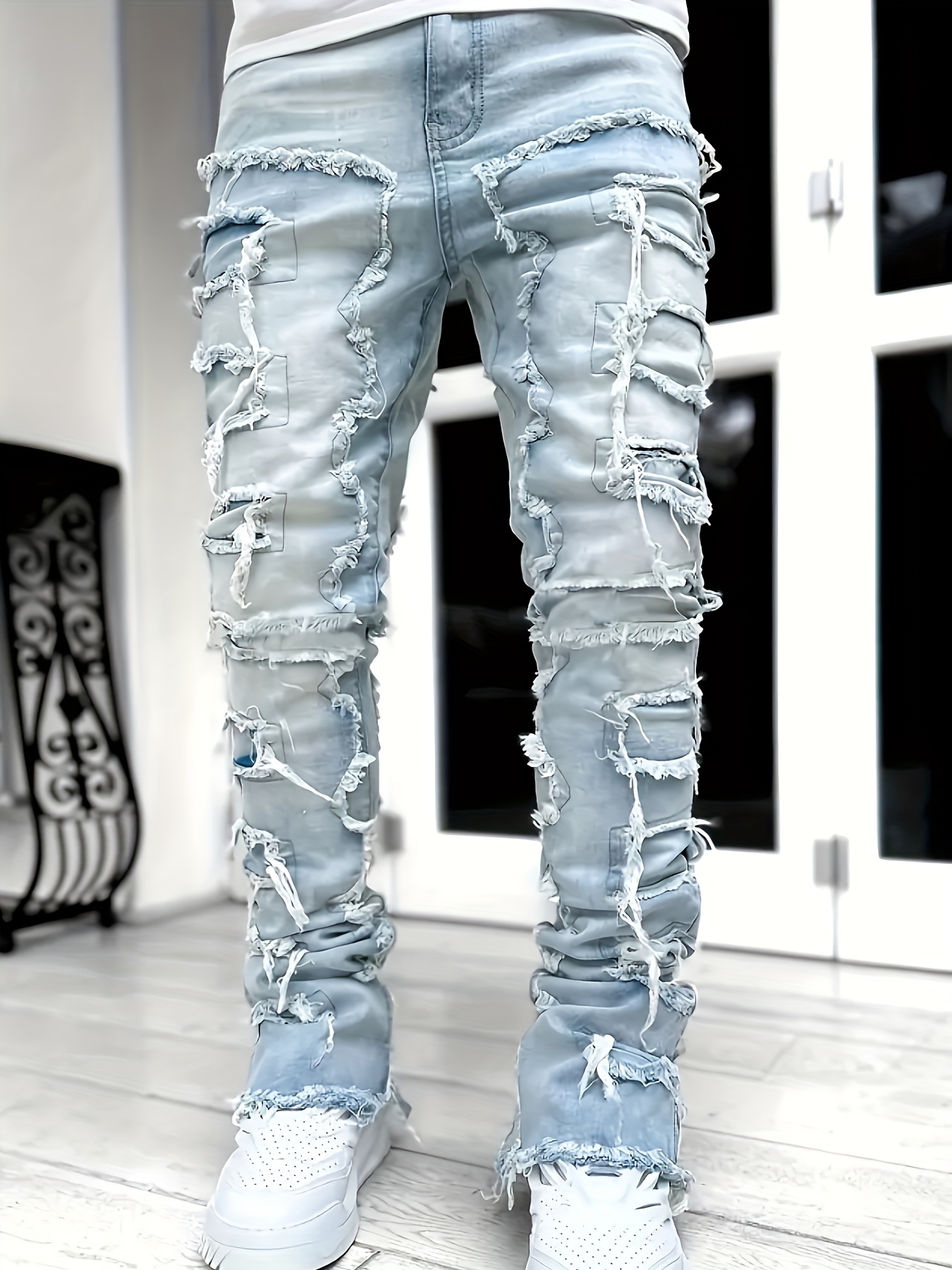 creative raw trim jeans mens casual street style medium stretch denim pants details 9