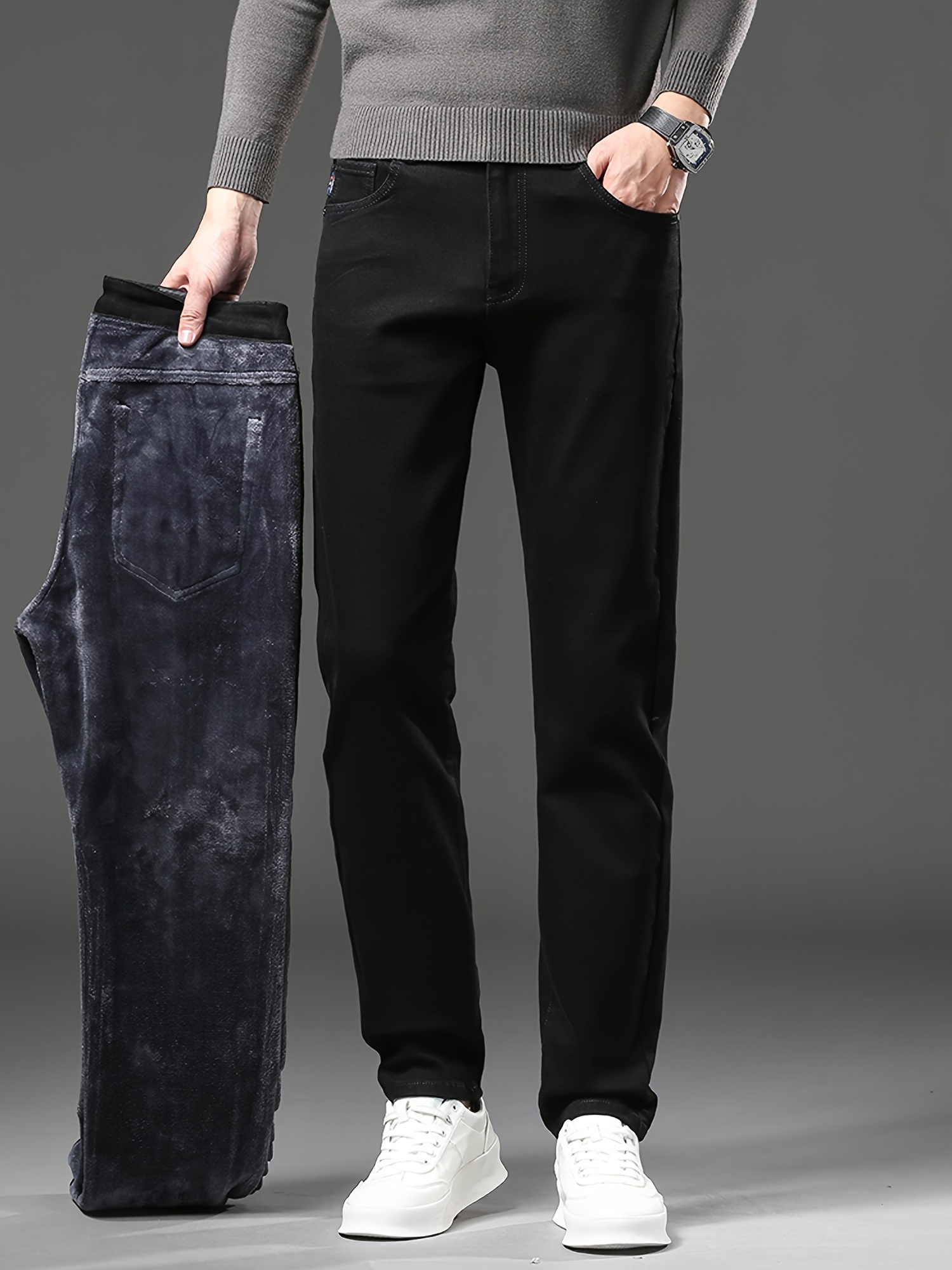 mens stylish comfy solid denim trousers with pockets causal breathable fleece slim fit jeans for city walk street hanging outdoor activities details 5