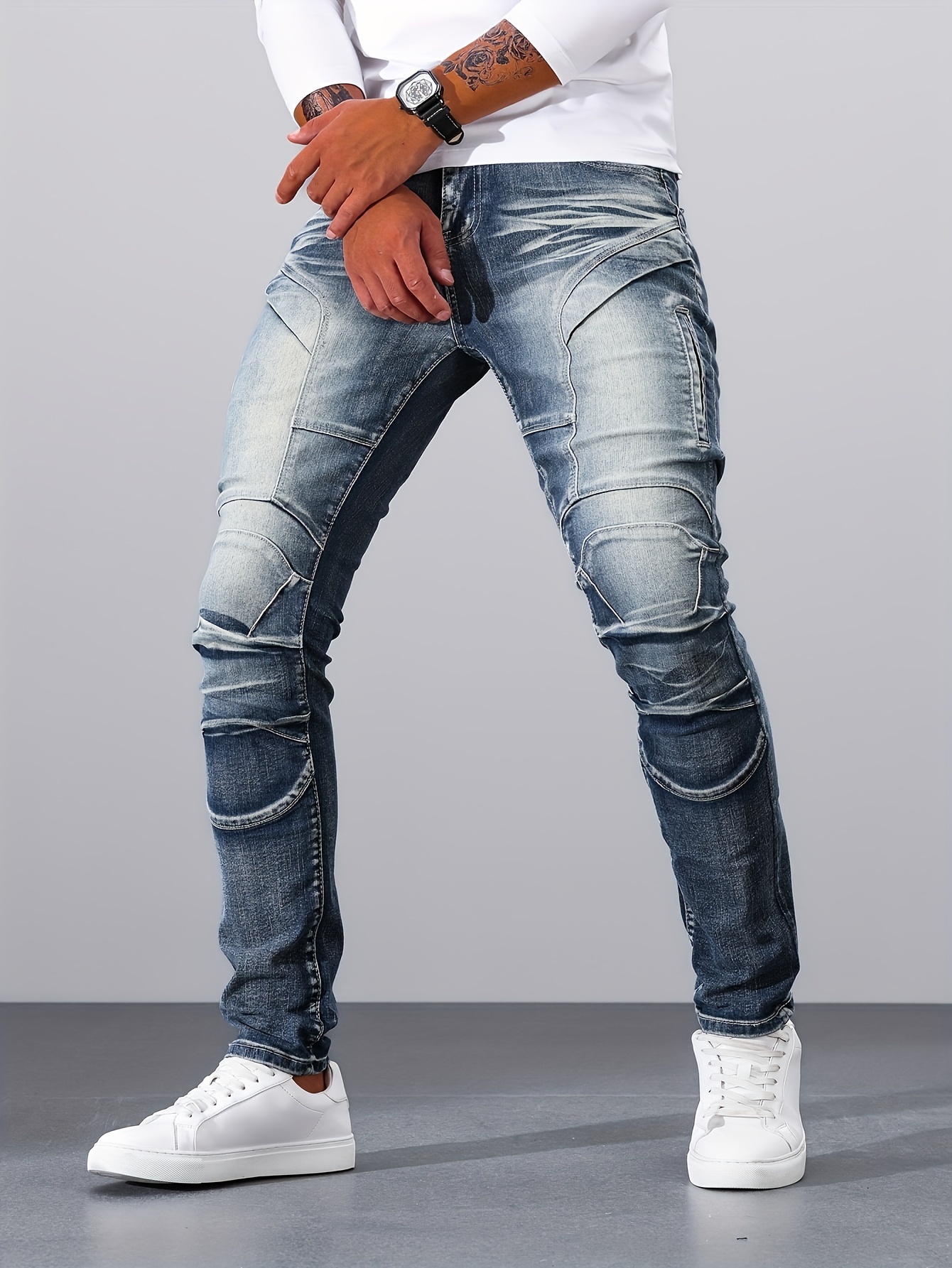 casual vintage style denim pants, mens casual vintage style denim pants street style skinny biker jeans details 3