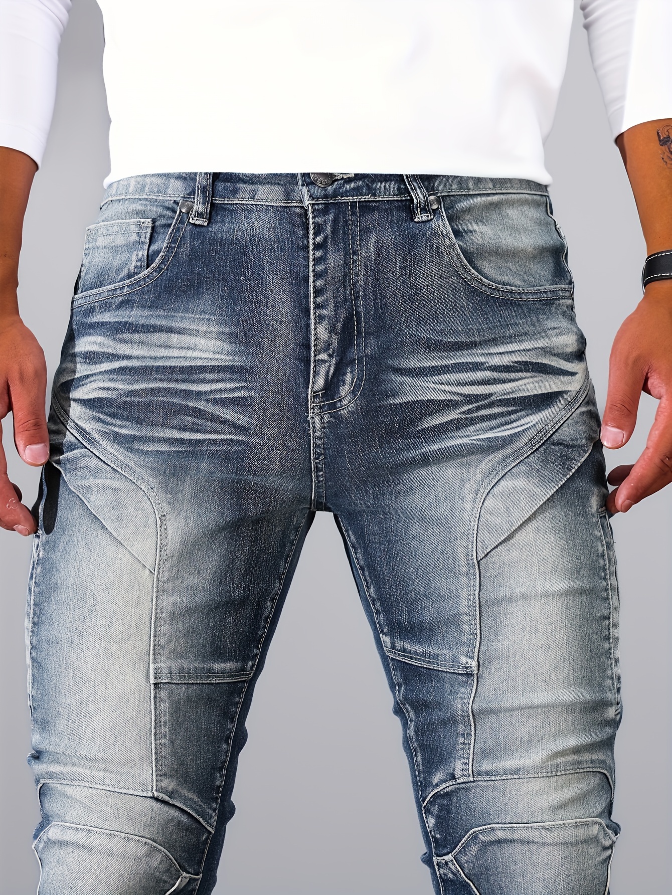 casual vintage style denim pants, mens casual vintage style denim pants street style skinny biker jeans details 9