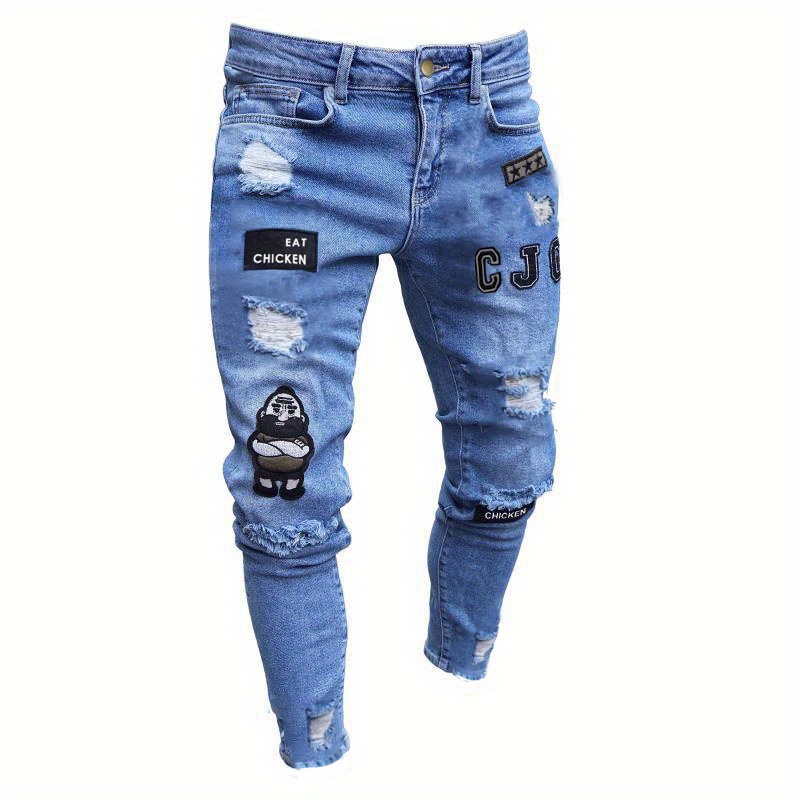 embroidery slim fit ripped jeans mens casual street style distressed denim pants for spring summer details 0