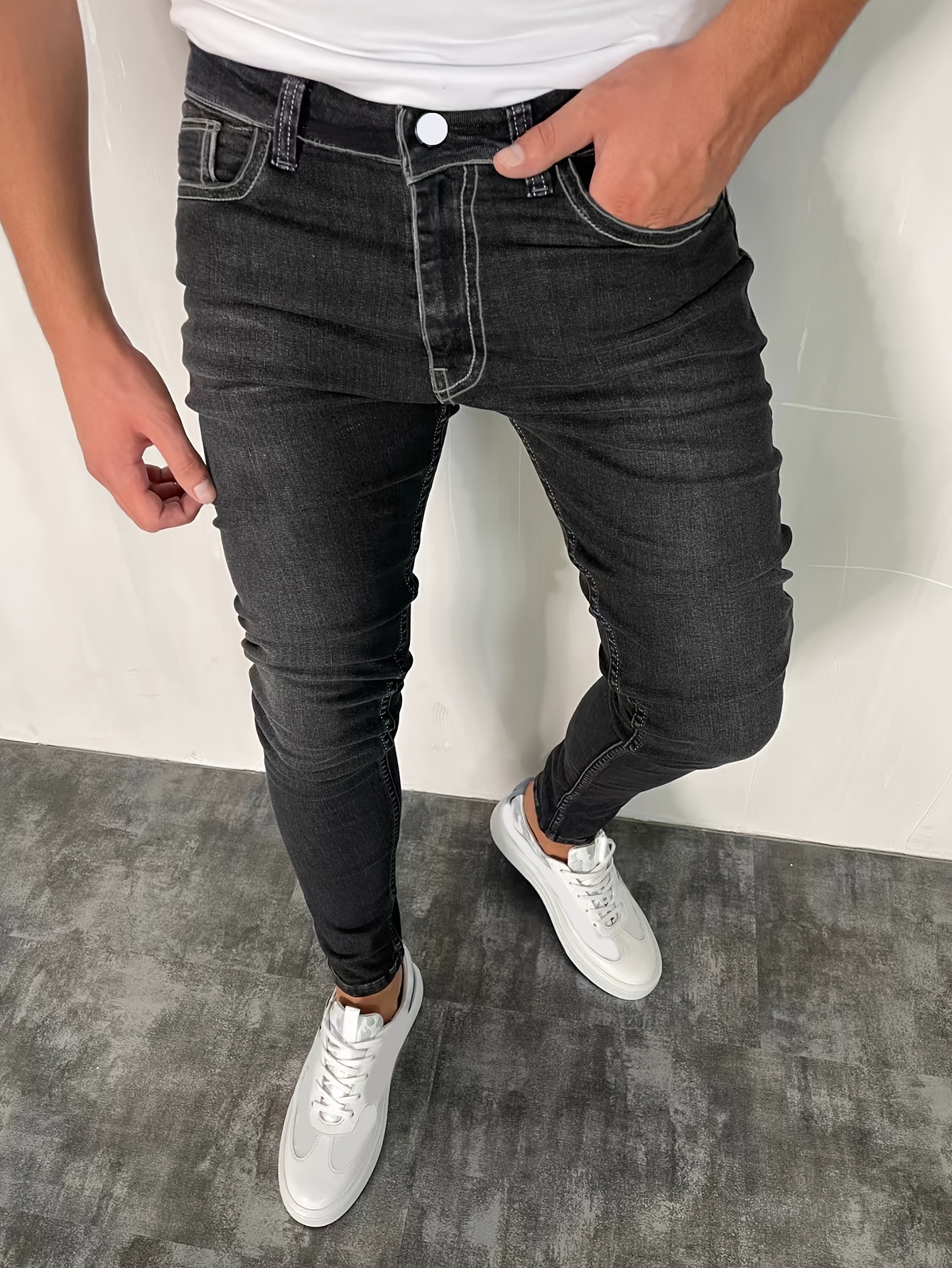 slim fit cotton jeans mens casual street style solid color classic design mid stretch denim pants for spring summer details 1