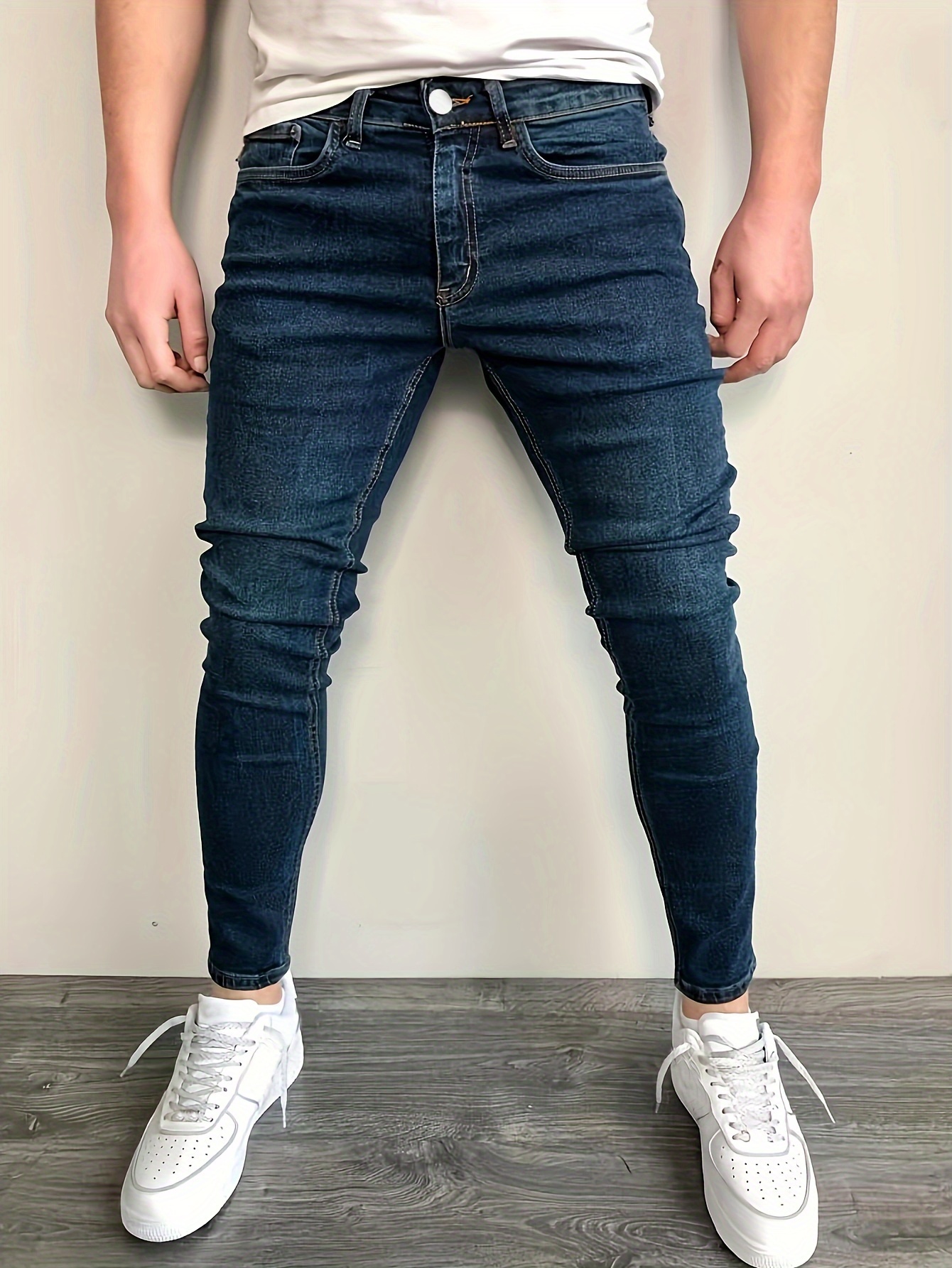 slim fit cotton jeans mens casual street style solid color classic design mid stretch denim pants for spring summer details 5