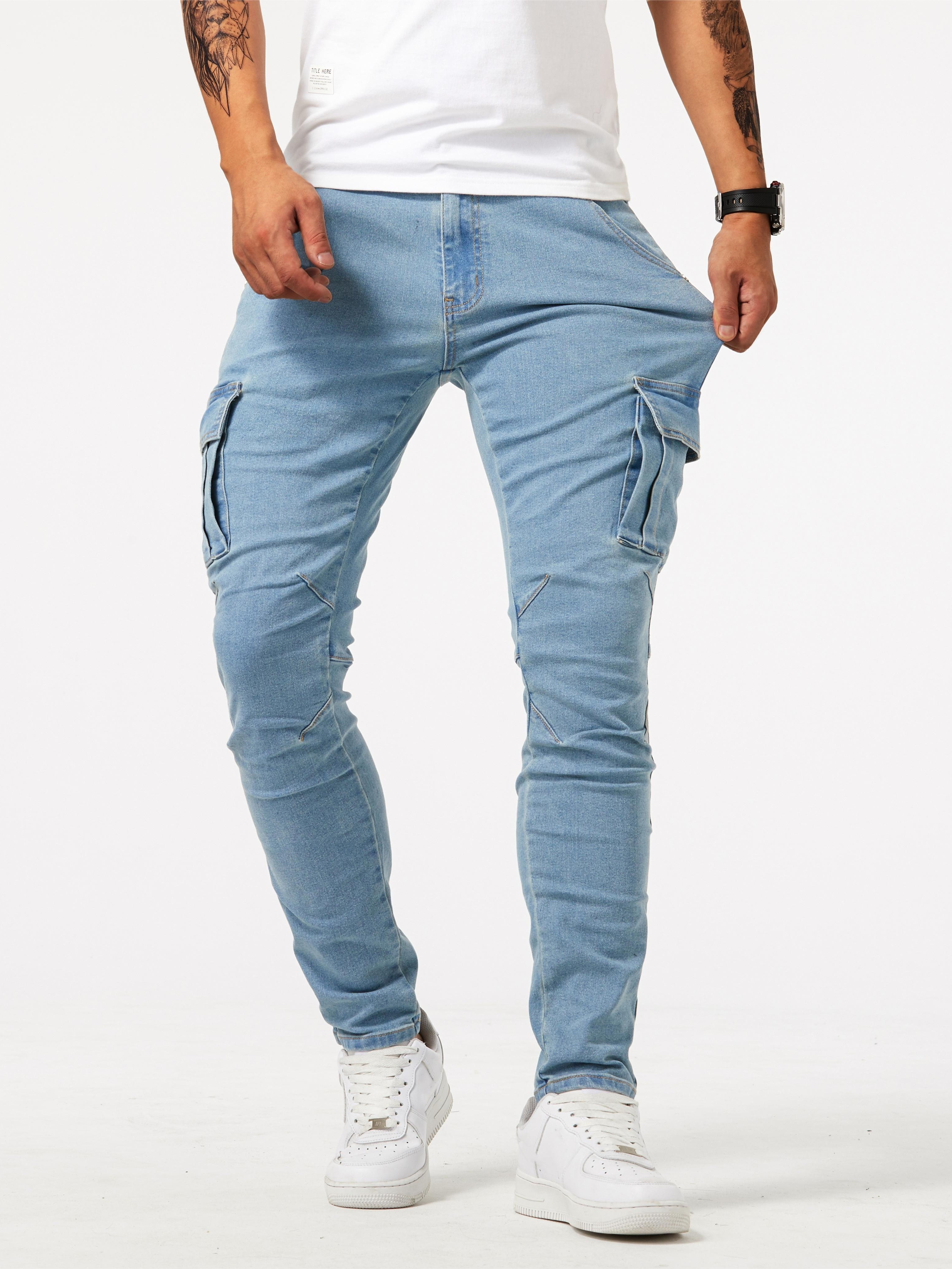 slim fit multi pocket jeans, slim fit multi pocket jeans mens casual street style medium stretch denim cargo pants details 0