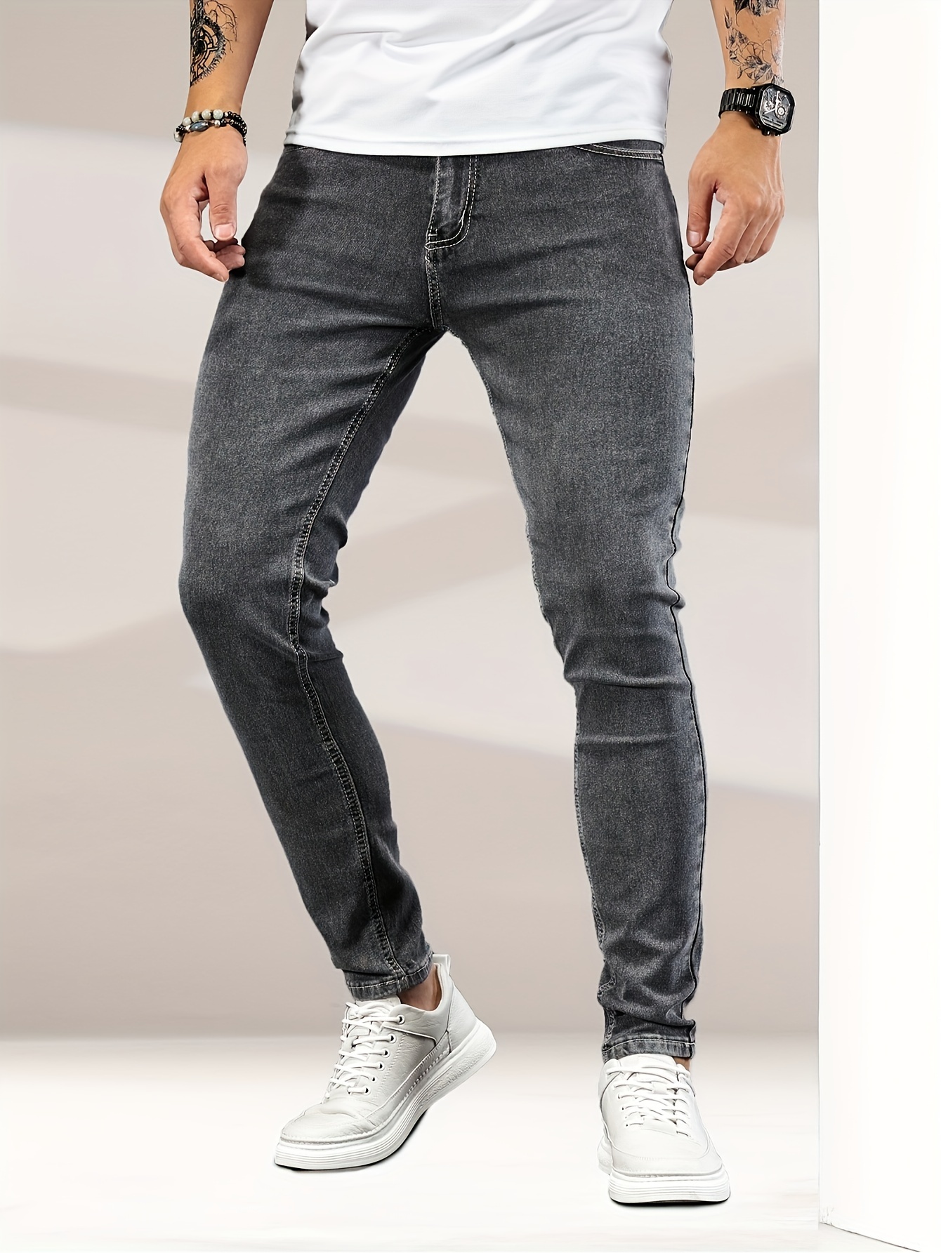 slim fit classic design jeans mens casual street style stretch denim pants details 6