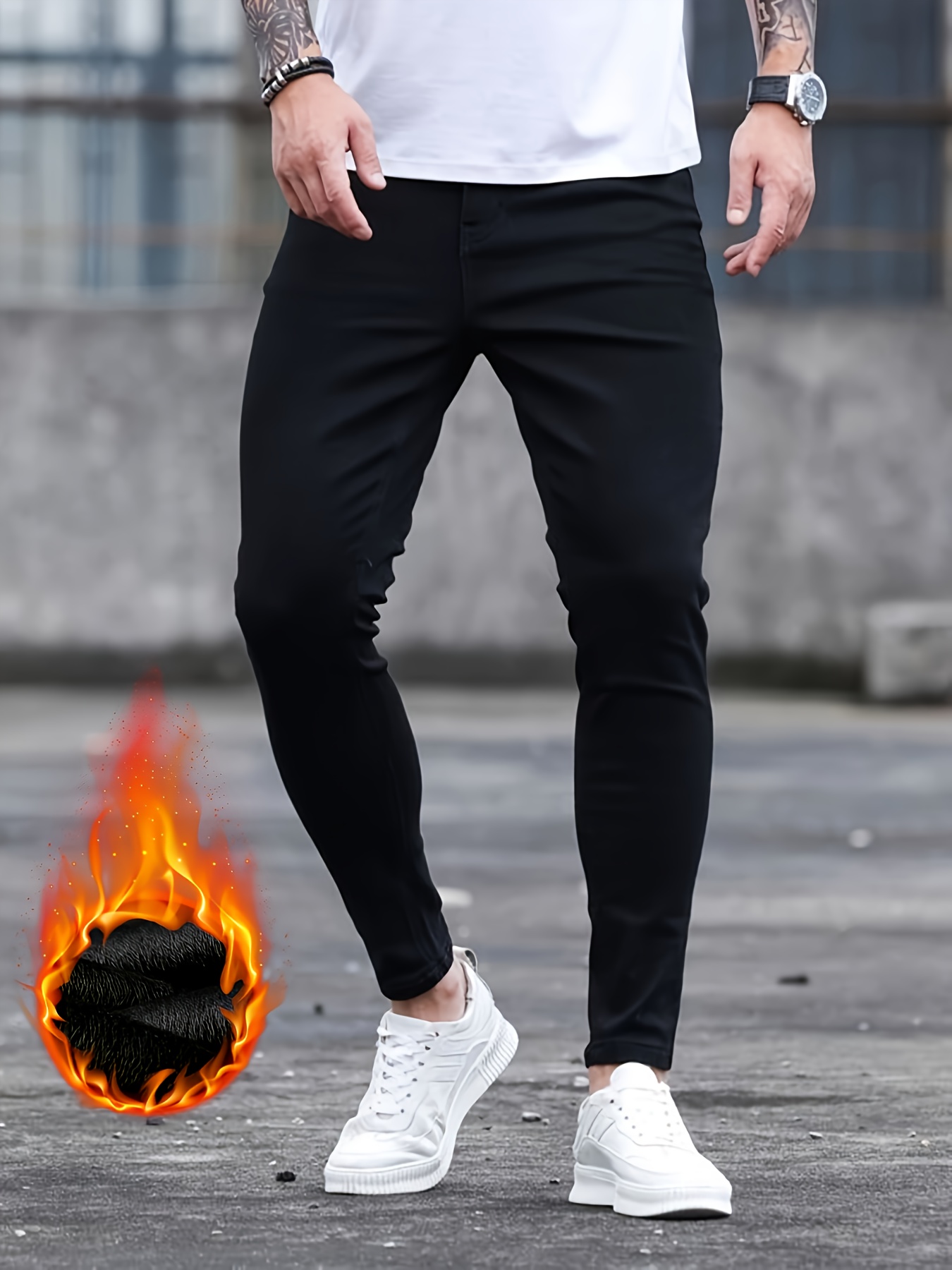 mens casual fleece lined jeans street style medium stretch skinny jeans details 2