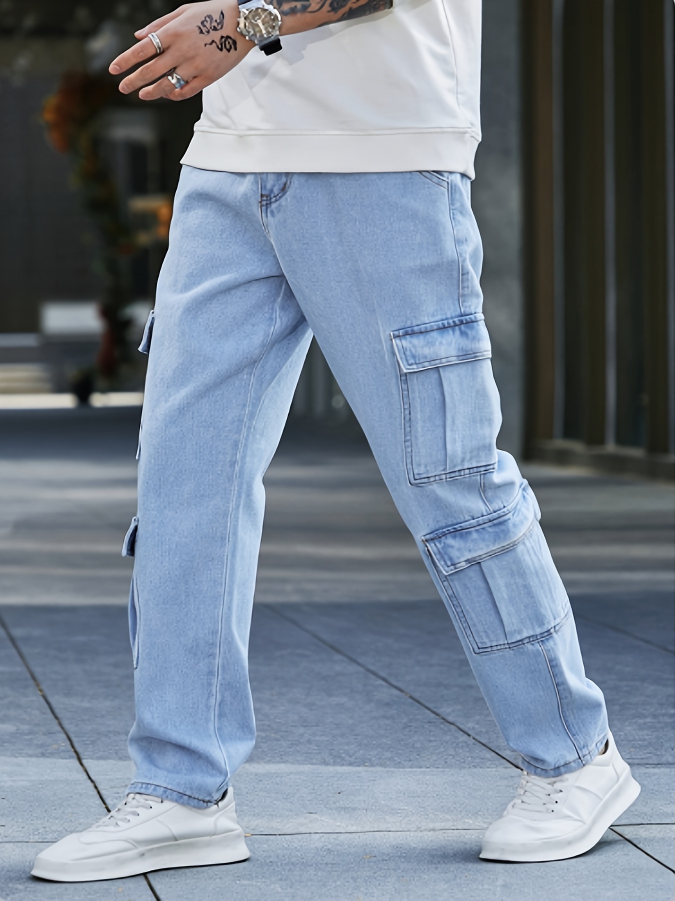 flap pocket loose fit jeans mens casual street style denim pants for all seasons details 2