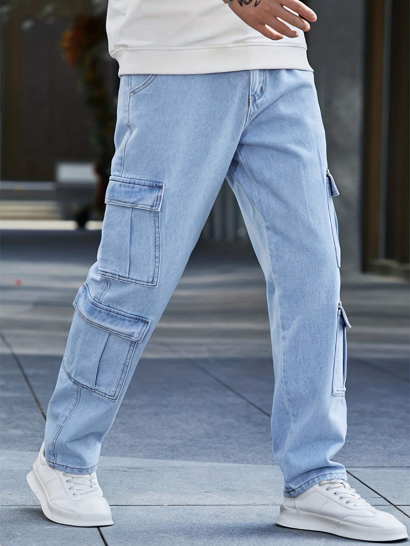 flap pocket loose fit jeans mens casual street style denim pants for all seasons details 3