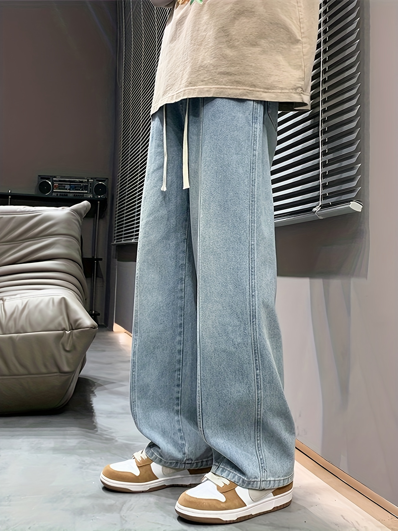 wide leg cotton blend drawstring jeans mens casual street style loose fit denim pants for spring summer details 13