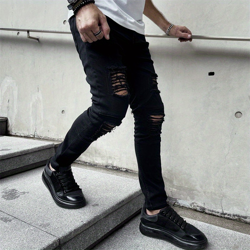 slim fit denim pants, mens fashion ripped skinny mid stretch jeans slim fit denim pants with pockets details 3