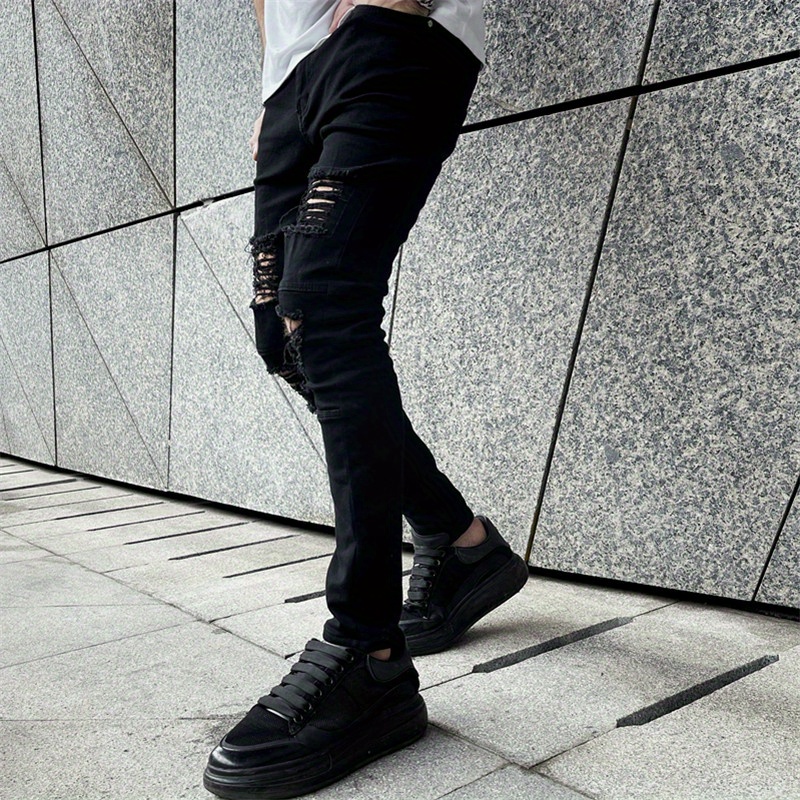 slim fit denim pants, mens fashion ripped skinny mid stretch jeans slim fit denim pants with pockets details 4