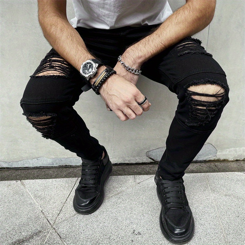 slim fit denim pants, mens fashion ripped skinny mid stretch jeans slim fit denim pants with pockets details 8