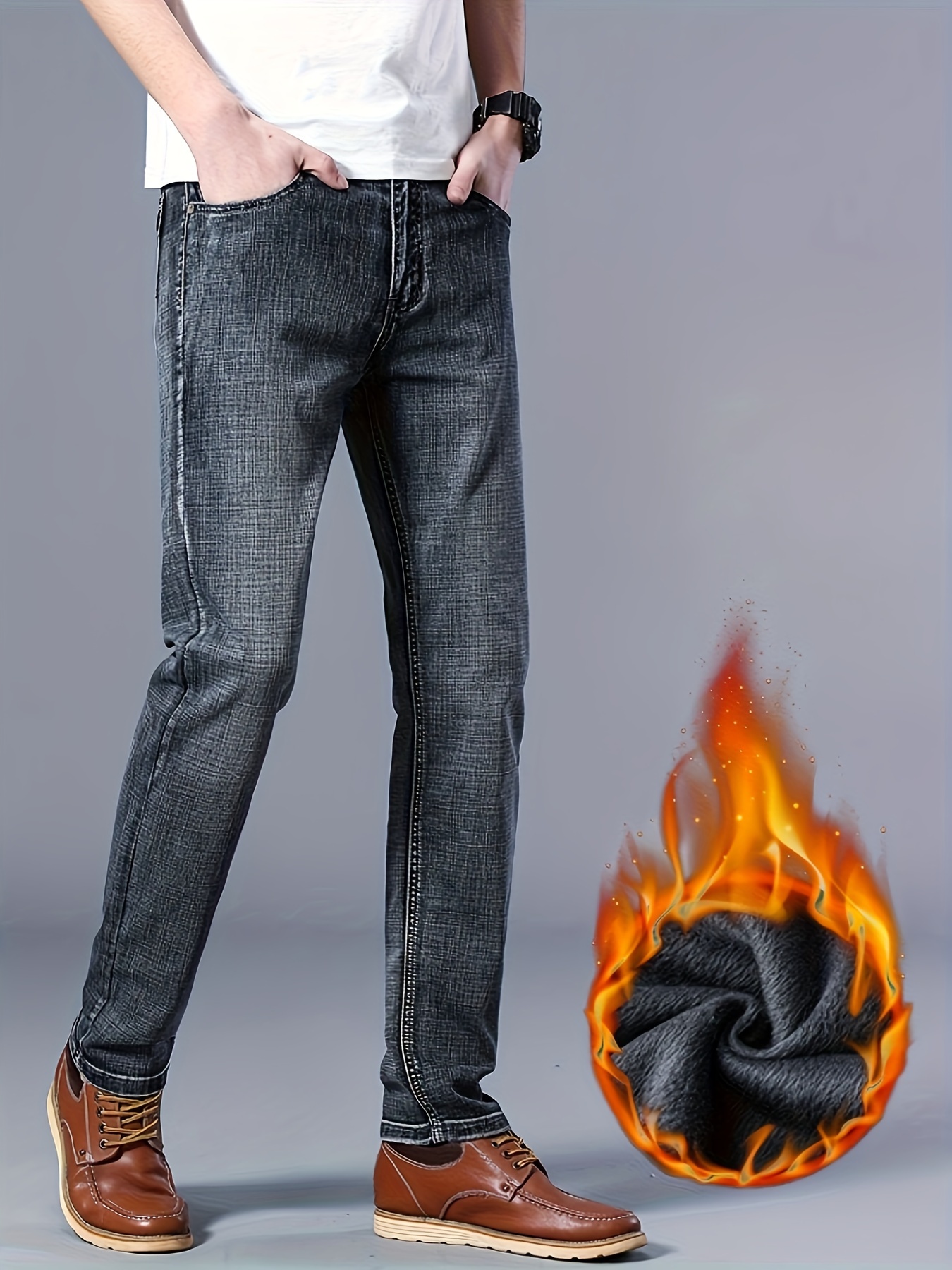 warm fleece straight leg jeans for business mens semi formal denim pants for fall winter details 4