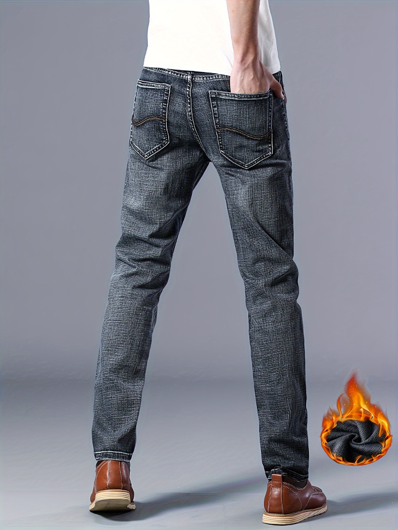 warm fleece straight leg jeans for business mens semi formal denim pants for fall winter details 6