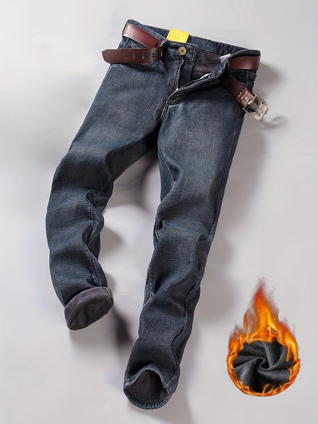 warm fleece straight leg jeans for business mens semi formal denim pants for fall winter details 8