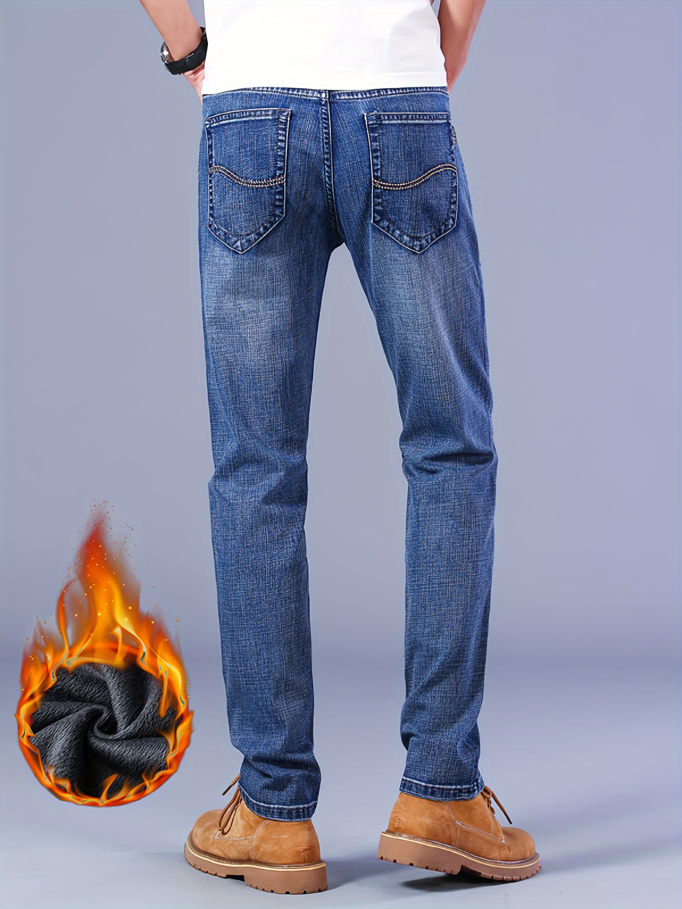 warm fleece straight leg jeans for business mens semi formal denim pants for fall winter details 12