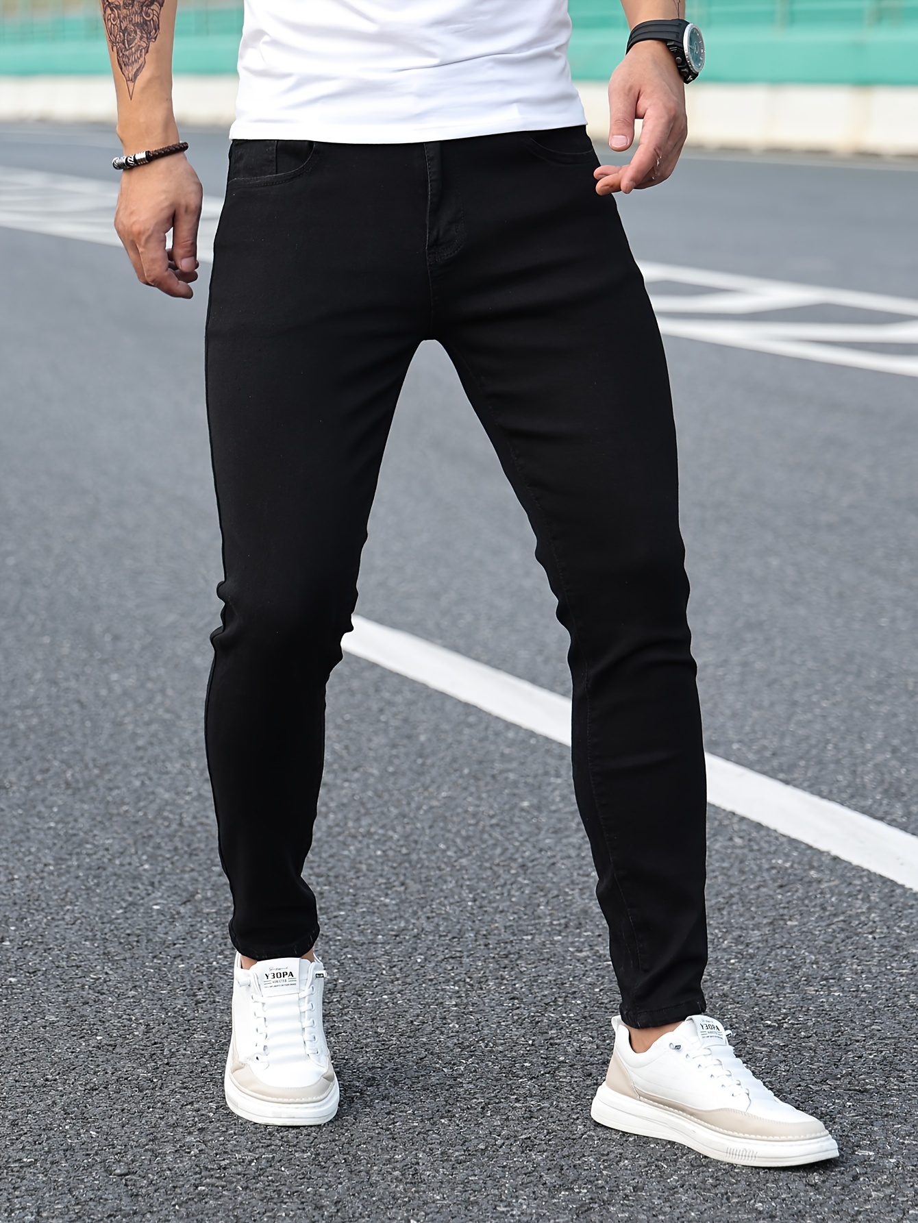 mens classic design skinny jeans mens casual street style stretch jeans details 3