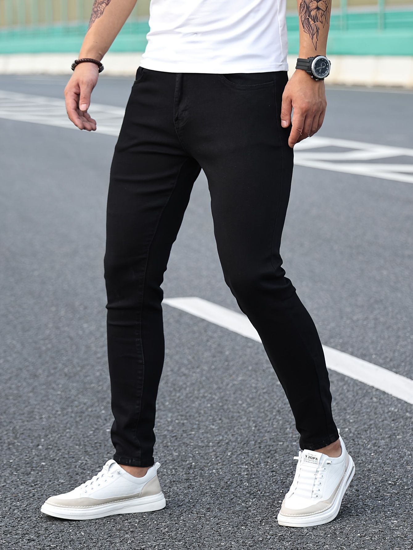 mens classic design skinny jeans mens casual street style stretch jeans details 4